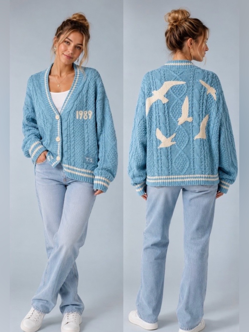 Taylor Swift Womens 1989 Taylors Version Blue Seagull Cable Knit Cardigan M/L